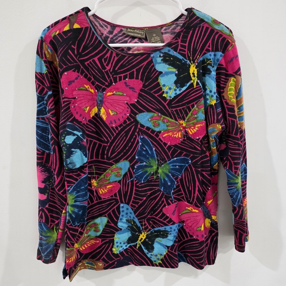 Y2K Jane Ashley Womens Butterfly Rhinestone Top Size Small Colorful Retro Artsy